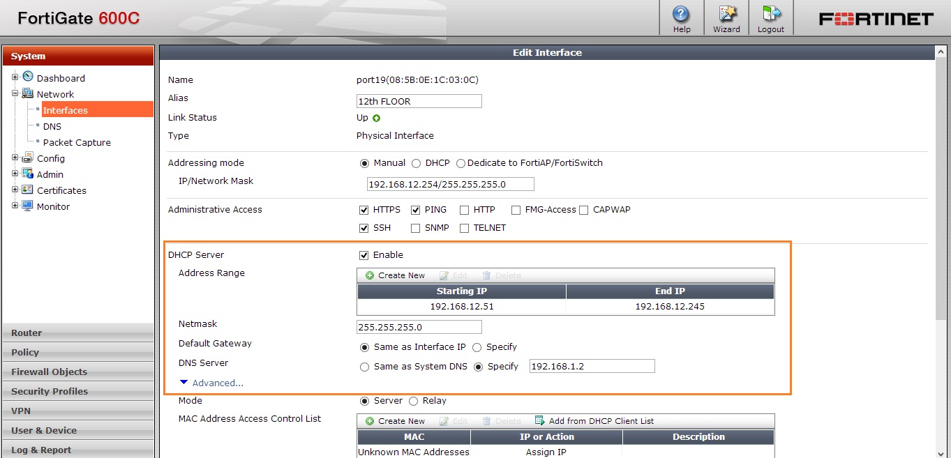 FortiGate DHCP Advanced Options to